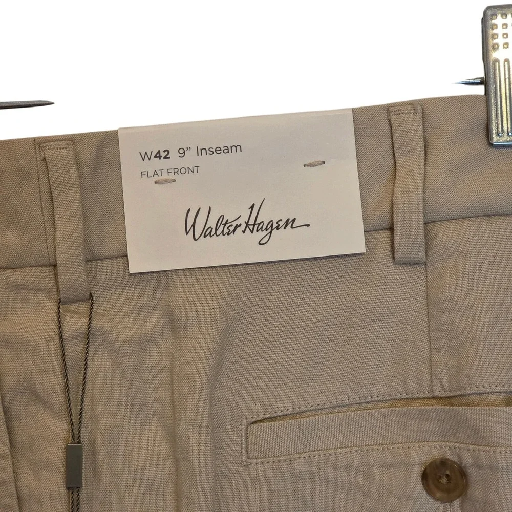 Walter Hagen Mens 42 Khaki‎ Linen Flat Front 9 Inch Inseam Clubhouse Shorts NWT